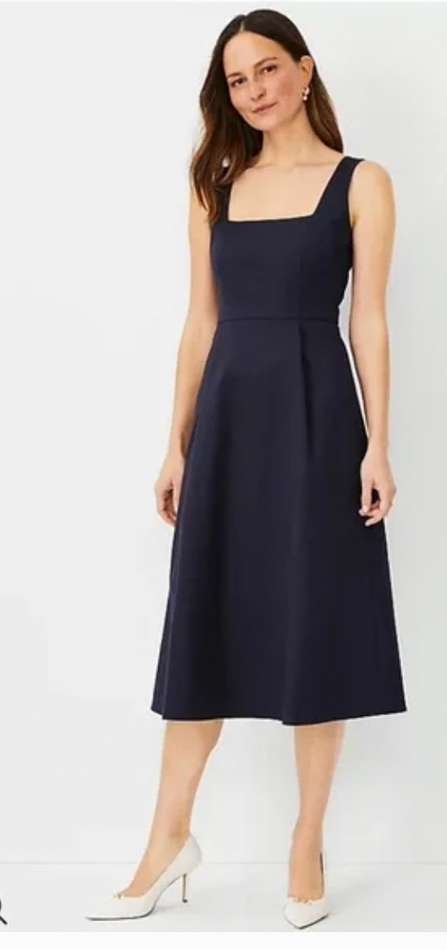 Ann Taylor Square Neck Midi Dress in Stretch Cotton in Navy 2P